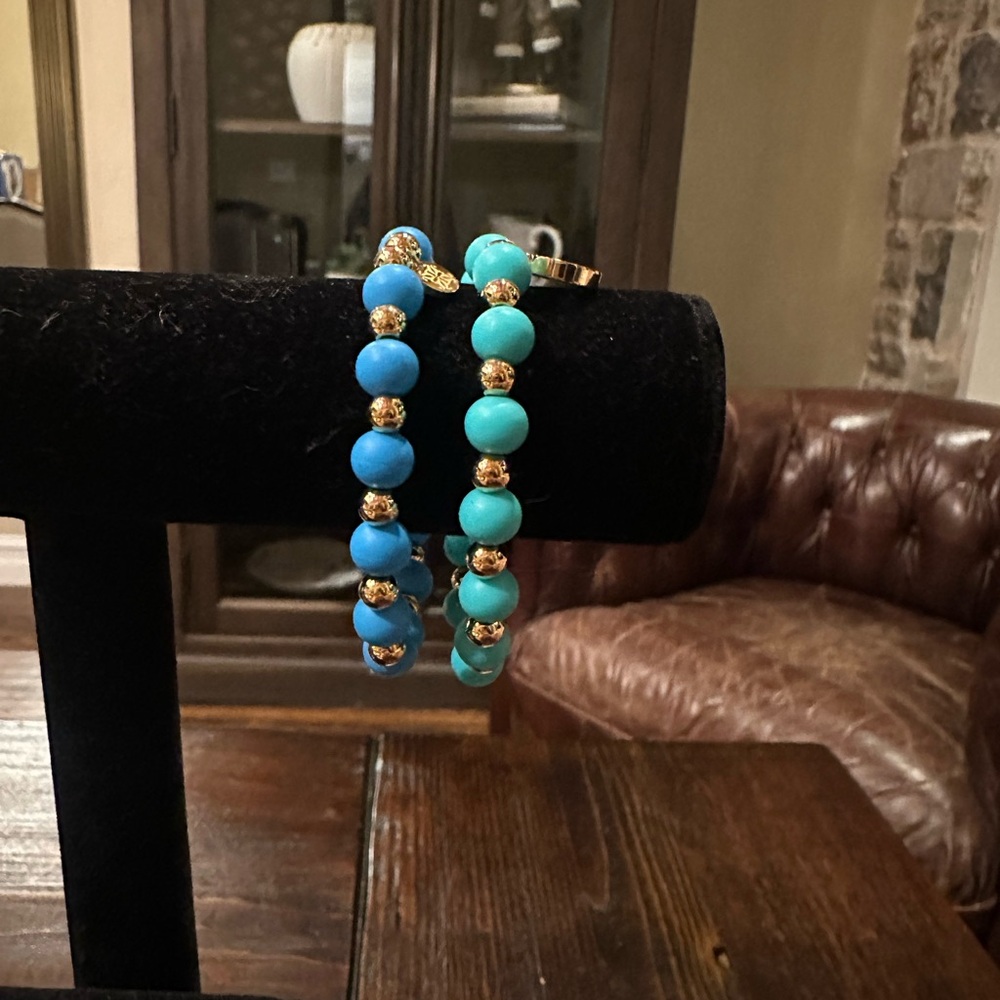 NWOT 2 pc set Rustic Cuff Turquoise and Blue Gold Beaded Bracelets